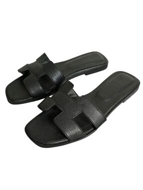 Hermes Black Leather Oran Slide Sandals Size 39